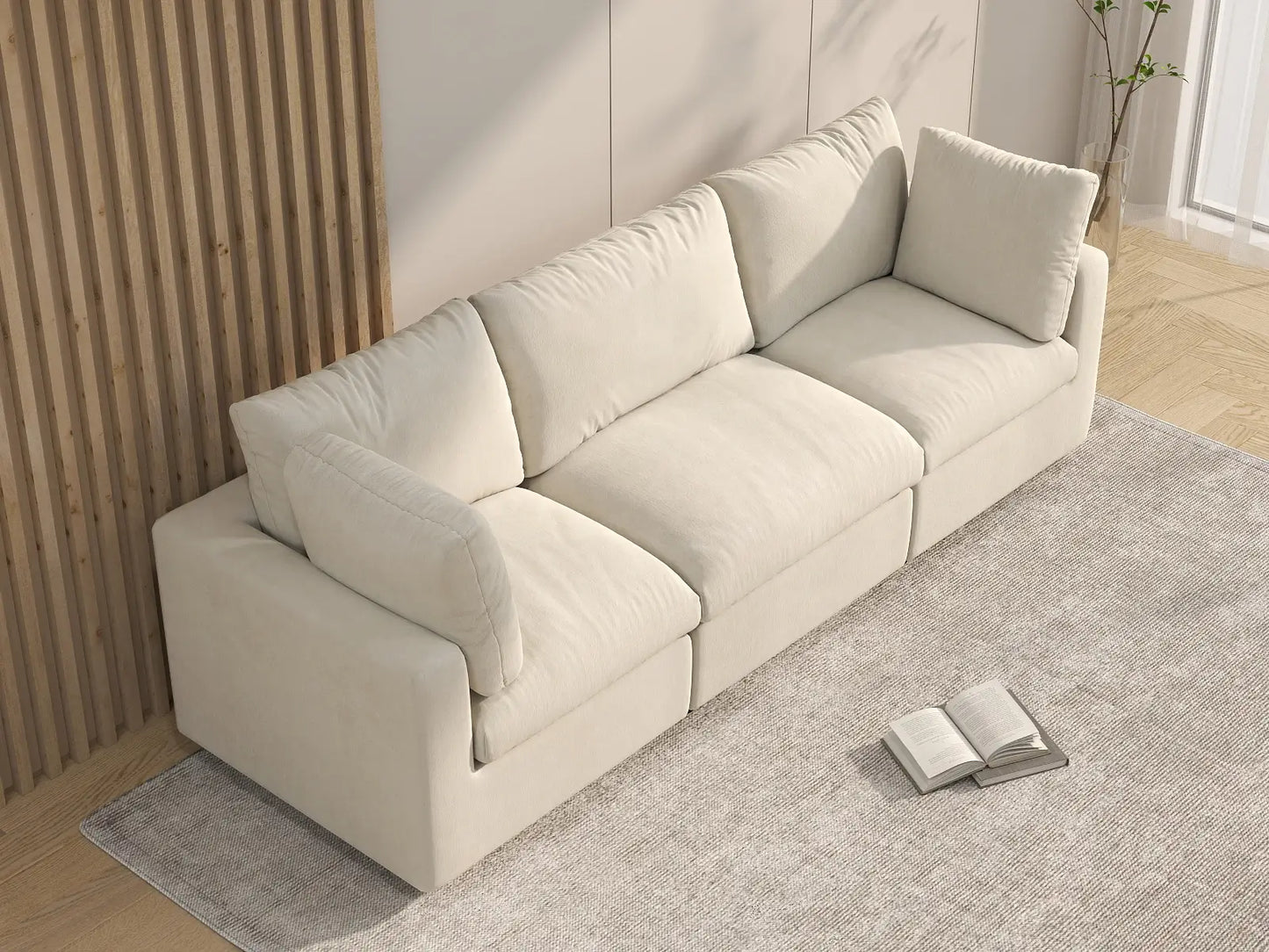 Sofá seccional de 3 plazas Deluxe Cloud beige para espacios pequeños | 3 piezas, tela de chenilla mezcla de lino, fácil de limpiar