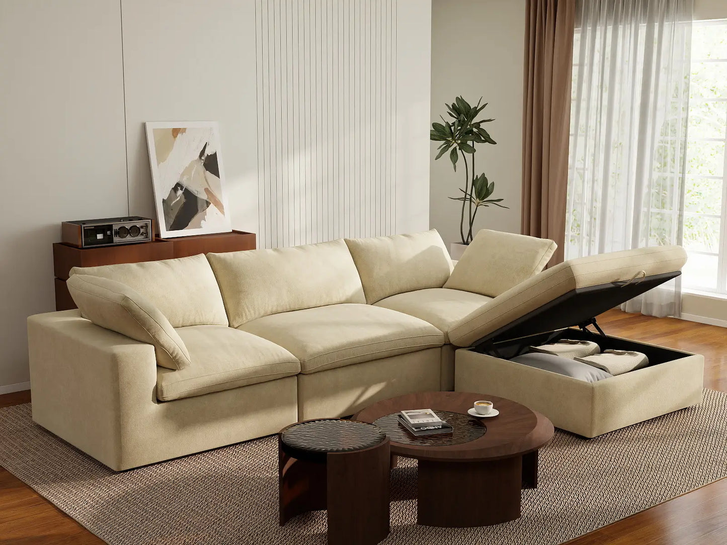 Deluxe Cloud 3-Seater Beige Sofa Set | 4-Piece (Includes 1 Ottoman), Velvet Fabric, Washable Cushion Covers