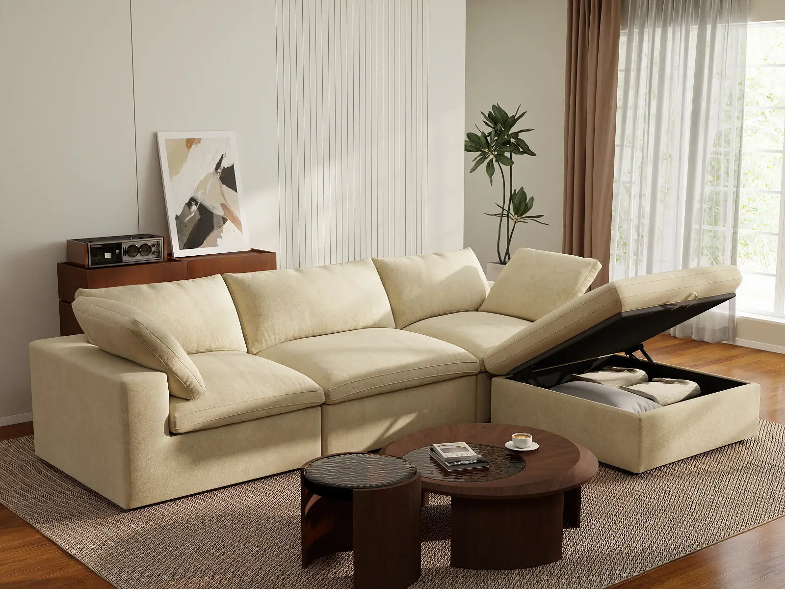 Deluxe Cloud 3-Seater Beige Sofa Set | 4-Piece (Includes 1 Ottoman), Velvet Fabric, Washable Cushion Covers