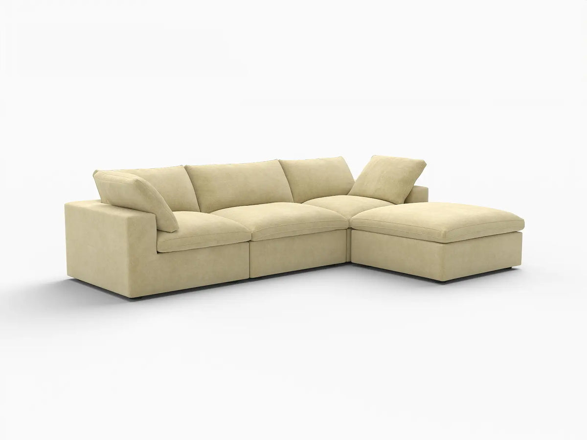 Deluxe Cloud 3-Seater Beige Sofa Set | 4-Piece (Includes 1 Ottoman), Velvet Fabric, Washable Cushion Covers