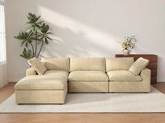Deluxe Cloud 3-Seater Beige Sofa Set | 4-Piece (Includes 1 Ottoman), Velvet Fabric, Washable Cushion Covers