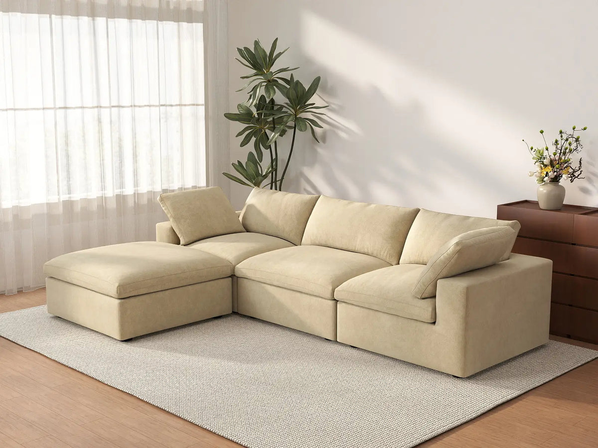 Deluxe Cloud 3-Seater Beige Sofa Set | 4-Piece (Includes 1 Ottoman), Velvet Fabric, Washable Cushion Covers