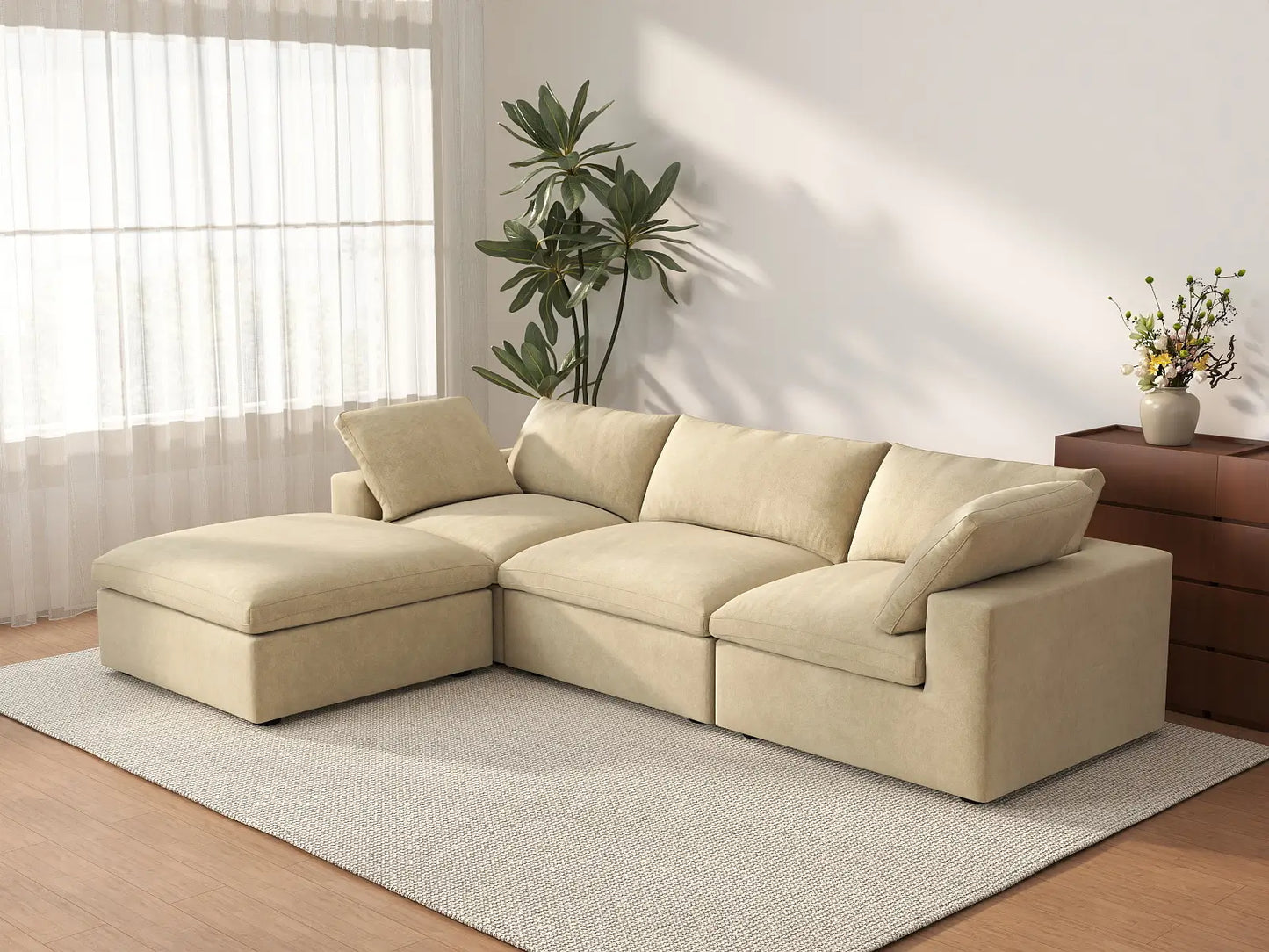 Deluxe Cloud 3-Seater Beige Sofa Set | 4-Piece (Includes 1 Ottoman), Velvet Fabric, Washable Cushion Covers