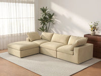 Deluxe Cloud 3-Seater Beige Sofa Set | 4-Piece (Includes 1 Ottoman), Velvet Fabric, Washable Cushion Covers