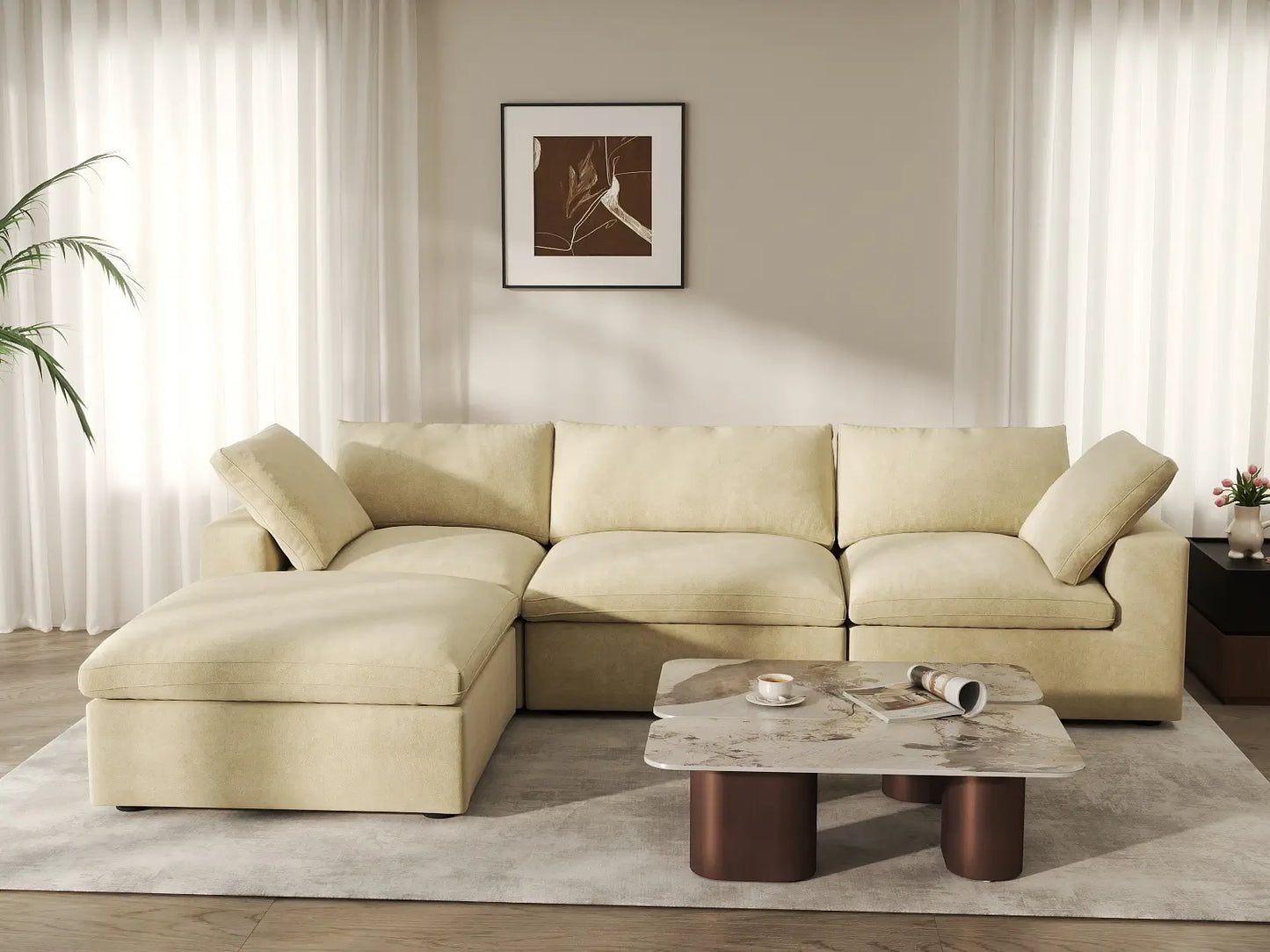 Deluxe Cloud 3-Seater Beige Sofa Set | 4-Piece (Includes 1 Ottoman), Velvet Fabric, Washable Cushion Covers