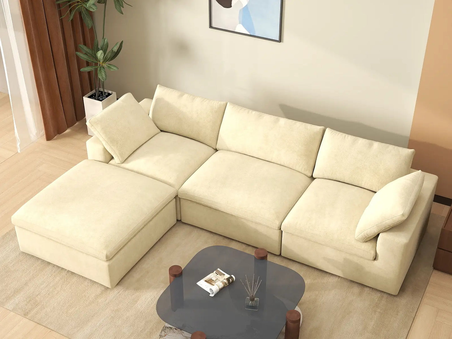 Deluxe Cloud 3-Seater Beige Sofa Set | 4-Piece (Includes 1 Ottoman), Velvet Fabric, Washable Cushion Covers