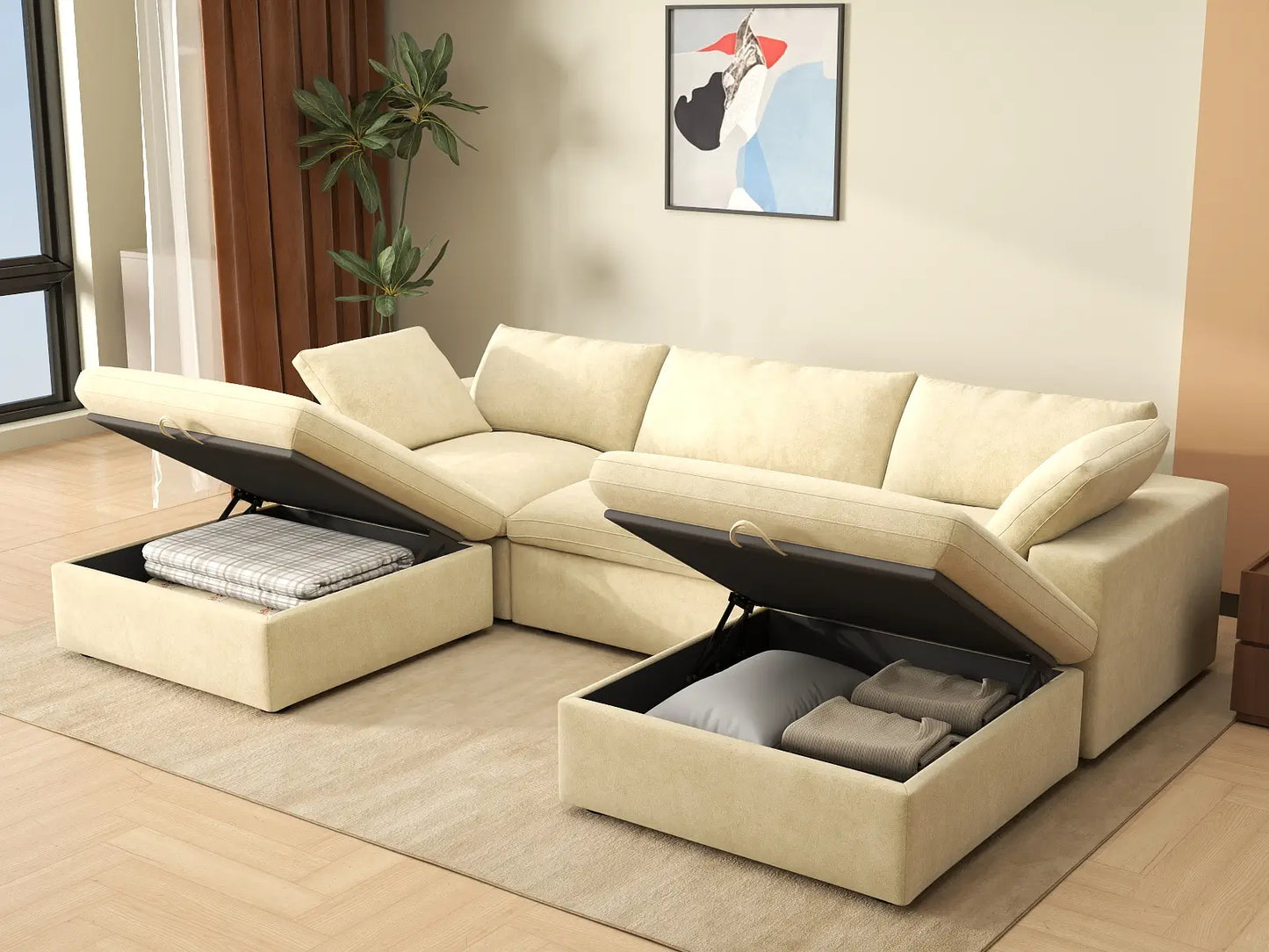 Deluxe Cloud 3-Seater Beige U-Shaped Sectional | 5-Piece (Includes 2 Ottomans), Velvet Fabric, Family Room Seating, Washable Cushion Covers