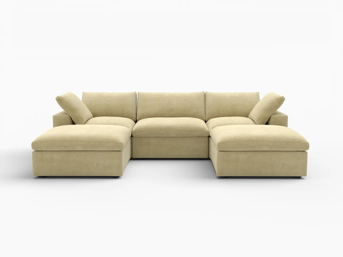 Deluxe Cloud 3-Seater Beige U-Shaped Sectional | 5-Piece (Includes 2 Ottomans), Velvet Fabric, Family Room Seating, Washable Cushion Covers