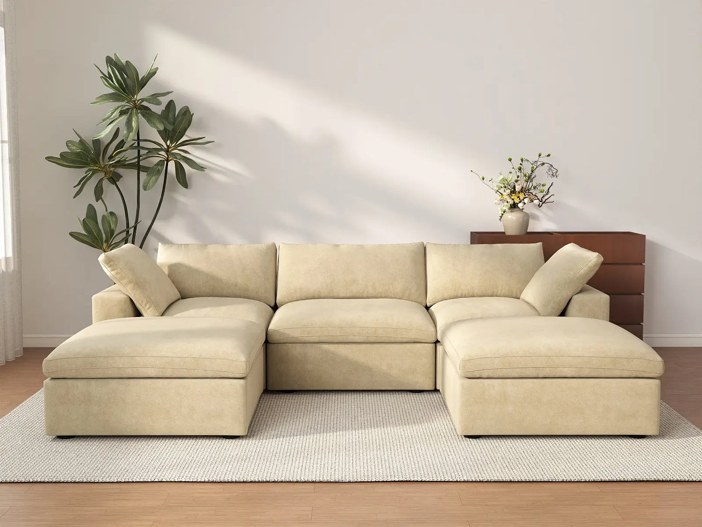 Deluxe Cloud 3-Seater Beige U-Shaped Sectional | 5-Piece (Includes 2 Ottomans), Velvet Fabric, Family Room Seating, Washable Cushion Covers