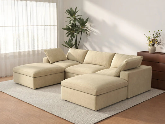 Deluxe Cloud 3-Seater Beige U-Shaped Sectional | 5-Piece (Includes 2 Ottomans), Velvet Fabric, Family Room Seating, Washable Cushion Covers