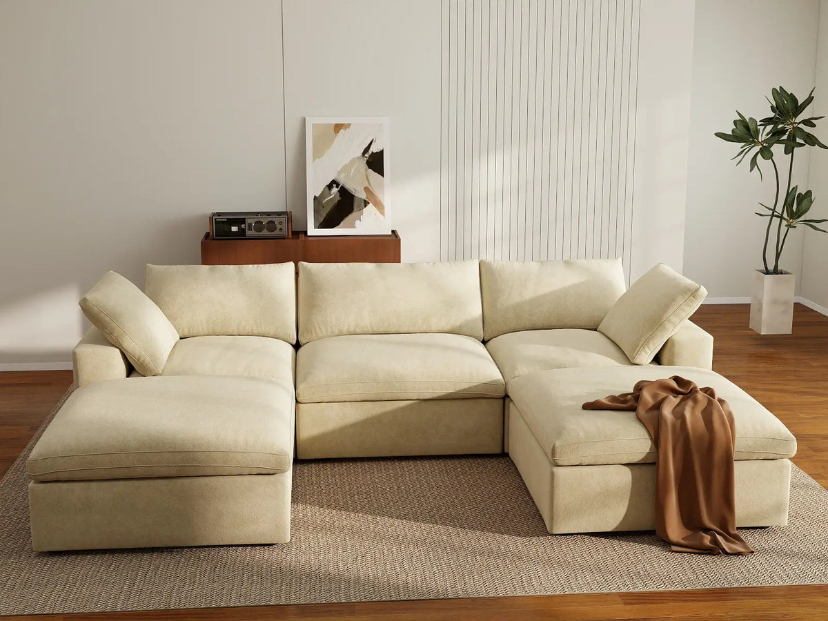 Deluxe Cloud 3-Seater Beige U-Shaped Sectional | 5-Piece (Includes 2 Ottomans), Velvet Fabric, Family Room Seating, Washable Cushion Covers