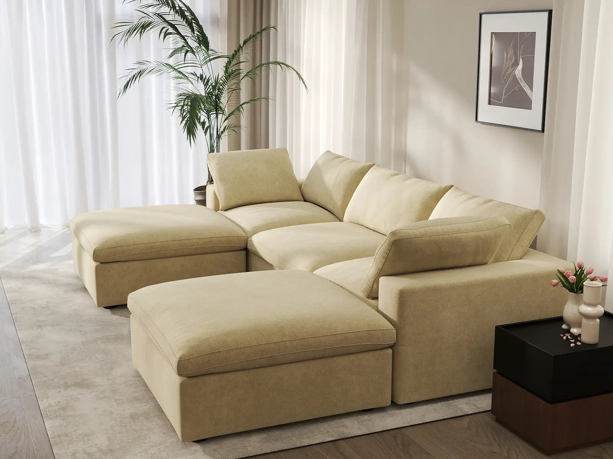 Deluxe Cloud 3-Seater Beige U-Shaped Sectional | 5-Piece (Includes 2 Ottomans), Velvet Fabric, Family Room Seating, Washable Cushion Covers