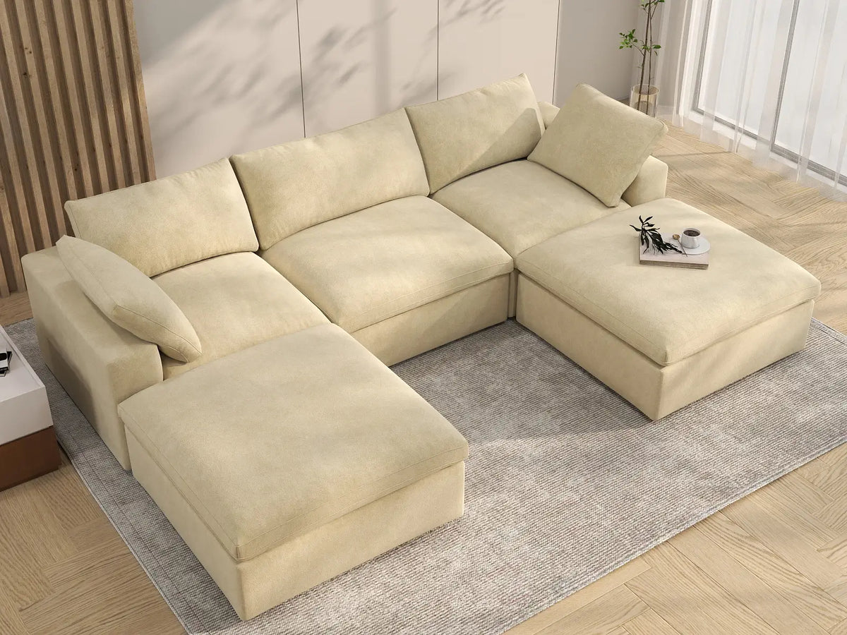 Deluxe Cloud 3-Seater Beige U-Shaped Sectional | 5-Piece (Includes 2 Ottomans), Velvet Fabric, Family Room Seating, Washable Cushion Covers