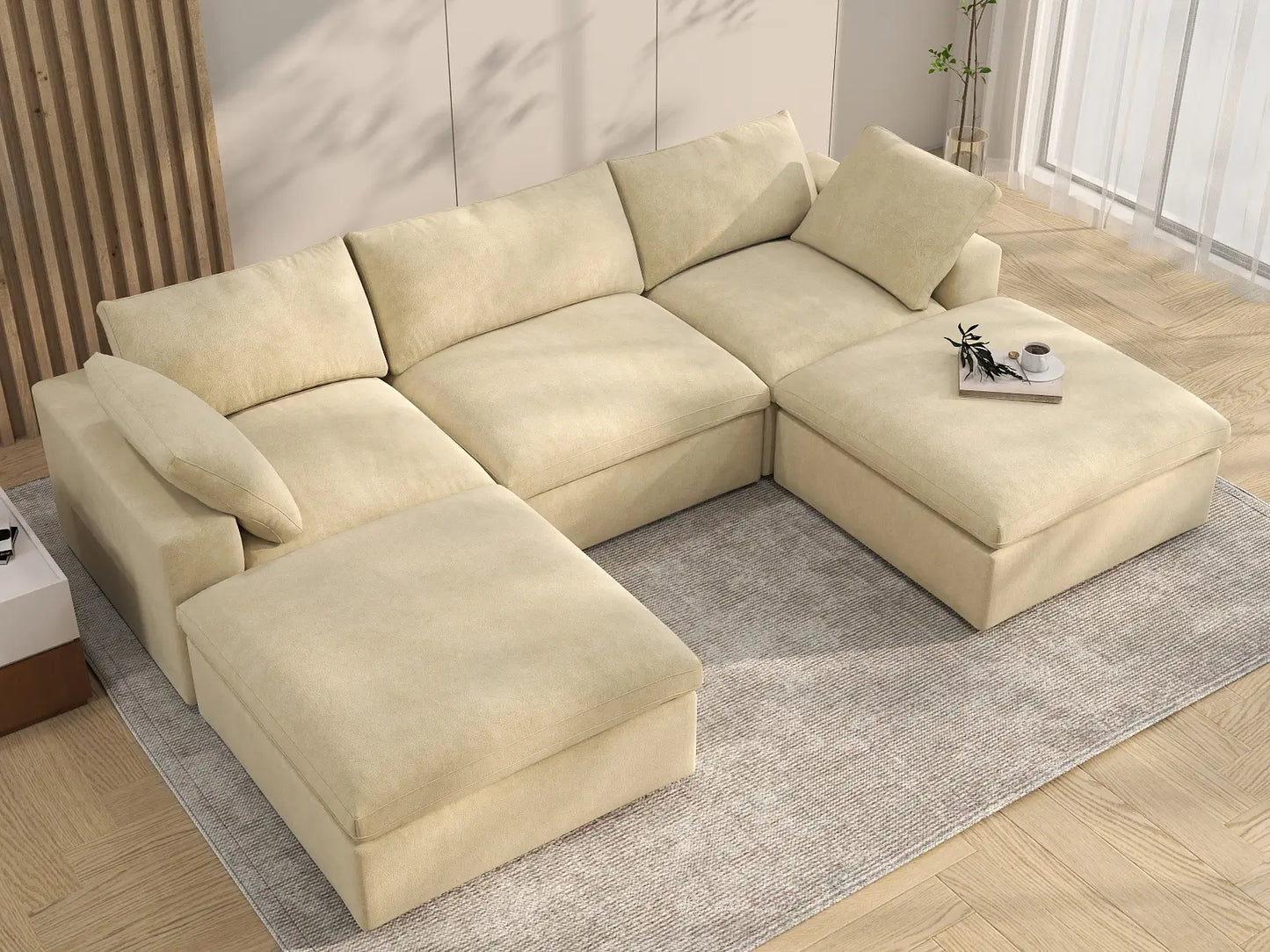 Deluxe Cloud 3-Seater Beige U-Shaped Sectional | 5-Piece (Includes 2 Ottomans), Velvet Fabric, Family Room Seating, Washable Cushion Covers