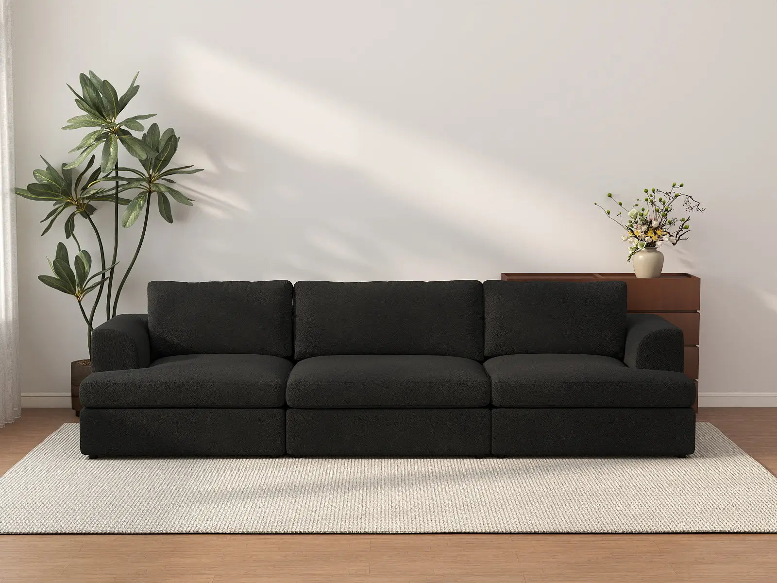 Deluxe Cloud 3-Seater Black Couch Sectional | 3-Piece, Bouclé Sherpa-Like Fabric, Washable Cushion Covers