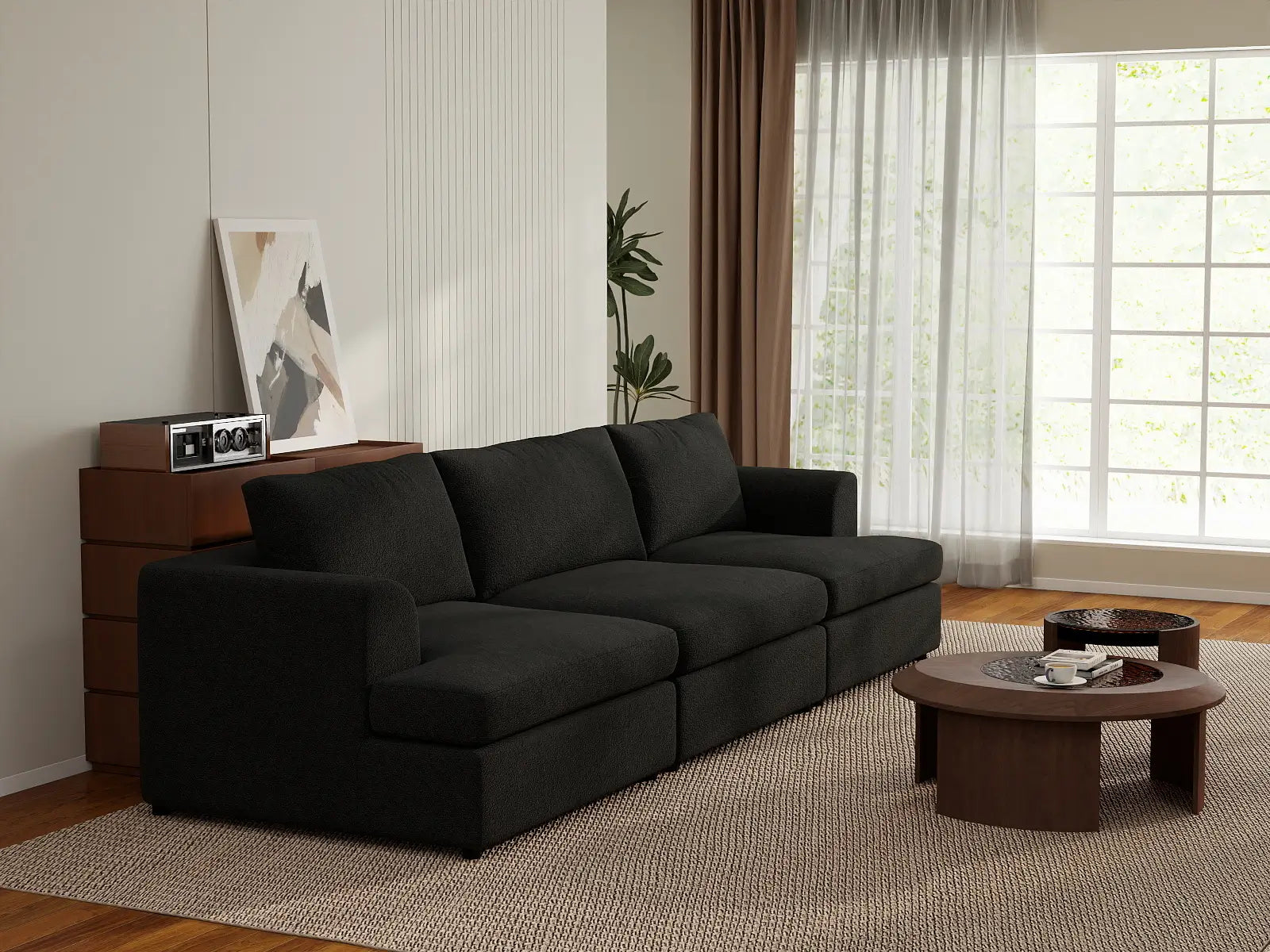 Deluxe Cloud 3-Seater Black Couch Sectional | 3-Piece, Bouclé Sherpa-Like Fabric, Washable Cushion Covers