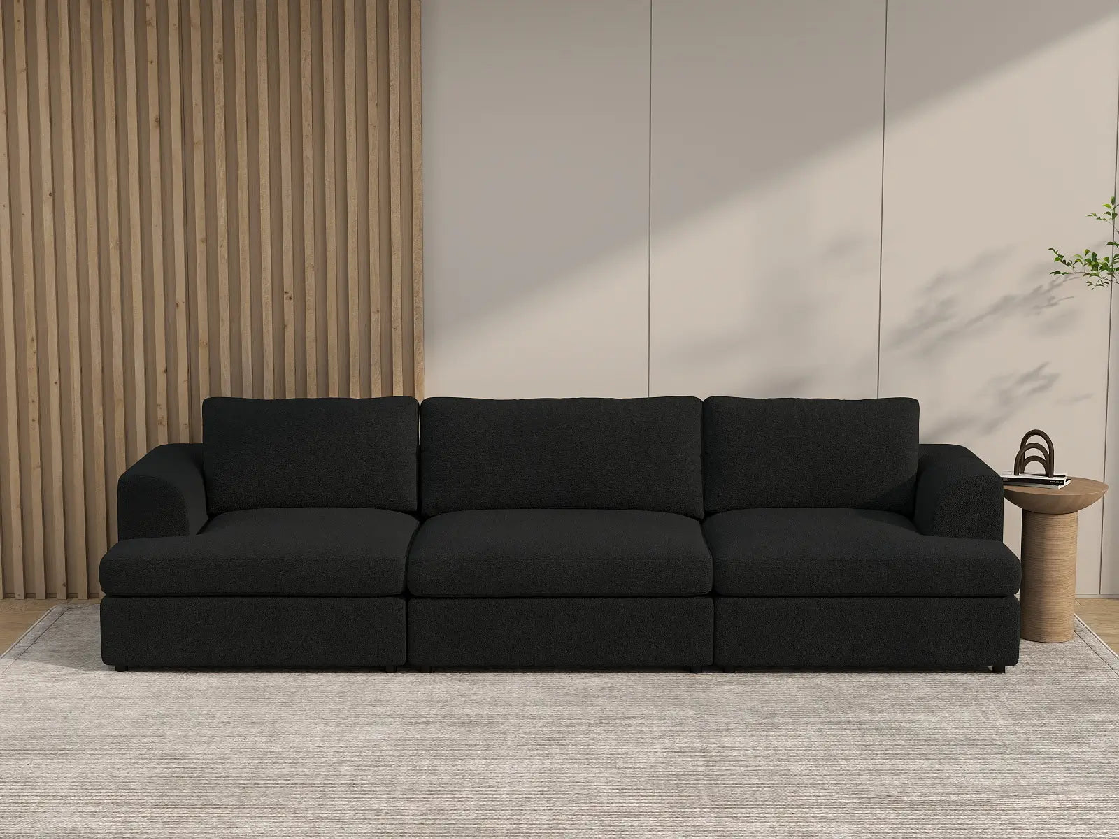 Deluxe Cloud 3-Seater Black Couch Sectional | 3-Piece, Bouclé Sherpa-Like Fabric, Washable Cushion Covers