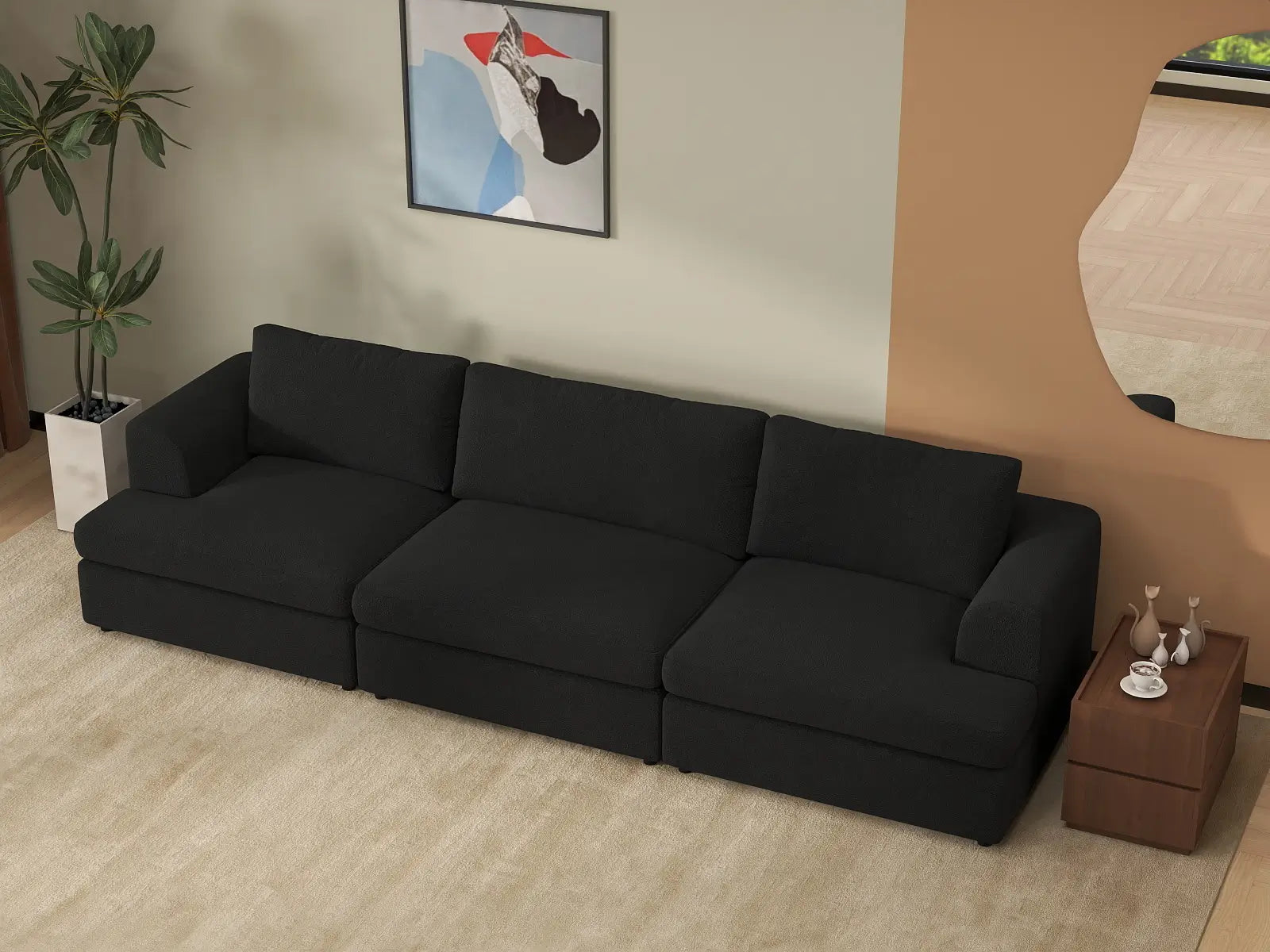 Deluxe Cloud 3-Seater Black Couch Sectional | 3-Piece, Bouclé Sherpa-Like Fabric, Washable Cushion Covers