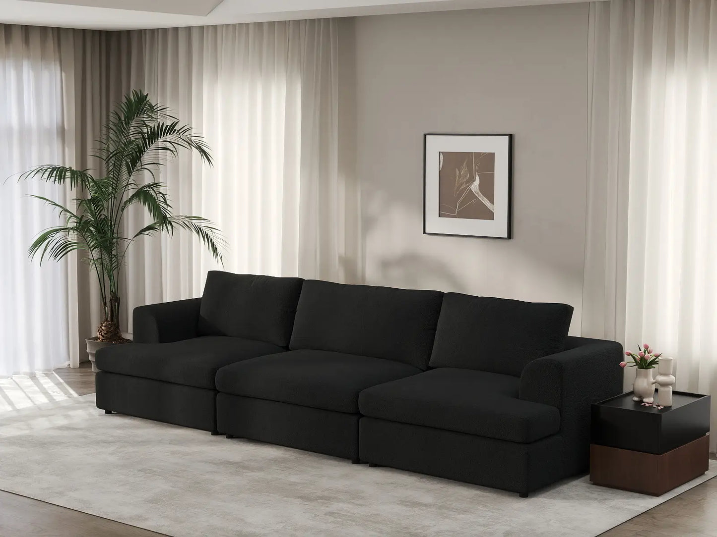 Deluxe Cloud 3-Seater Black Couch Sectional | 3-Piece, Bouclé Sherpa-Like Fabric, Washable Cushion Covers