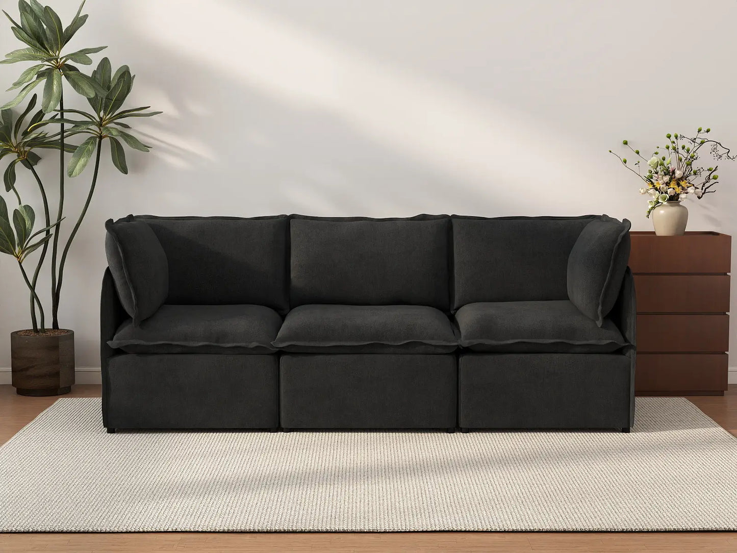 Deluxe Cloud 3-Seater Black Couch Sectional | 3-Piece, Linen Look Poly Fabric, Washable Cushion Covers