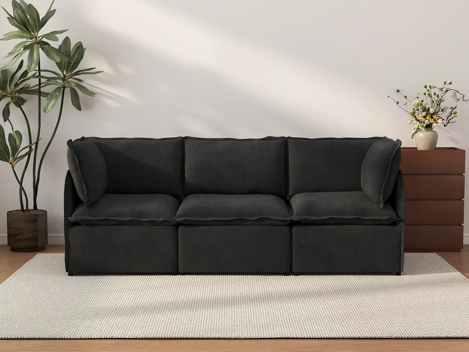 Deluxe Cloud 3-Seater Black Couch Sectional | 3-Piece, Linen Look Poly Fabric, Washable Cushion Covers