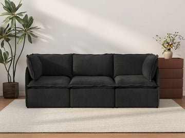 Deluxe Cloud 3-Seater Black Couch Sectional | 3-Piece, Linen Look Poly Fabric, Washable Cushion Covers