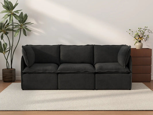 Deluxe Cloud 3-Seater Black Couch Sectional | 3-Piece, Linen Look Poly Fabric, Washable Cushion Covers
