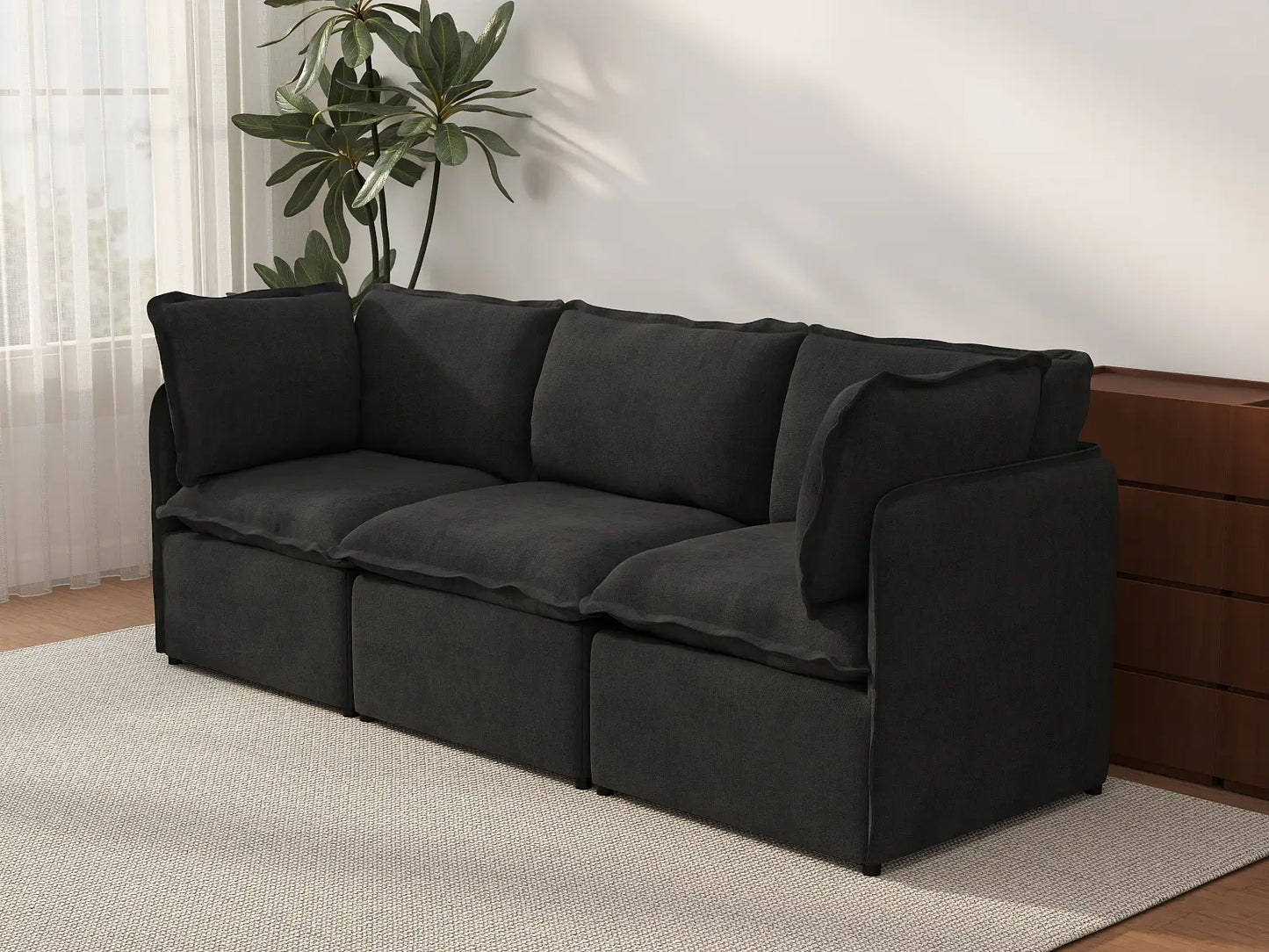Deluxe Cloud 3-Seater Black Couch Sectional | 3-Piece, Linen Look Poly Fabric, Washable Cushion Covers