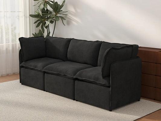 Deluxe Cloud 3-Seater Black Couch Sectional | 3-Piece, Linen Look Poly Fabric, Washable Cushion Covers
