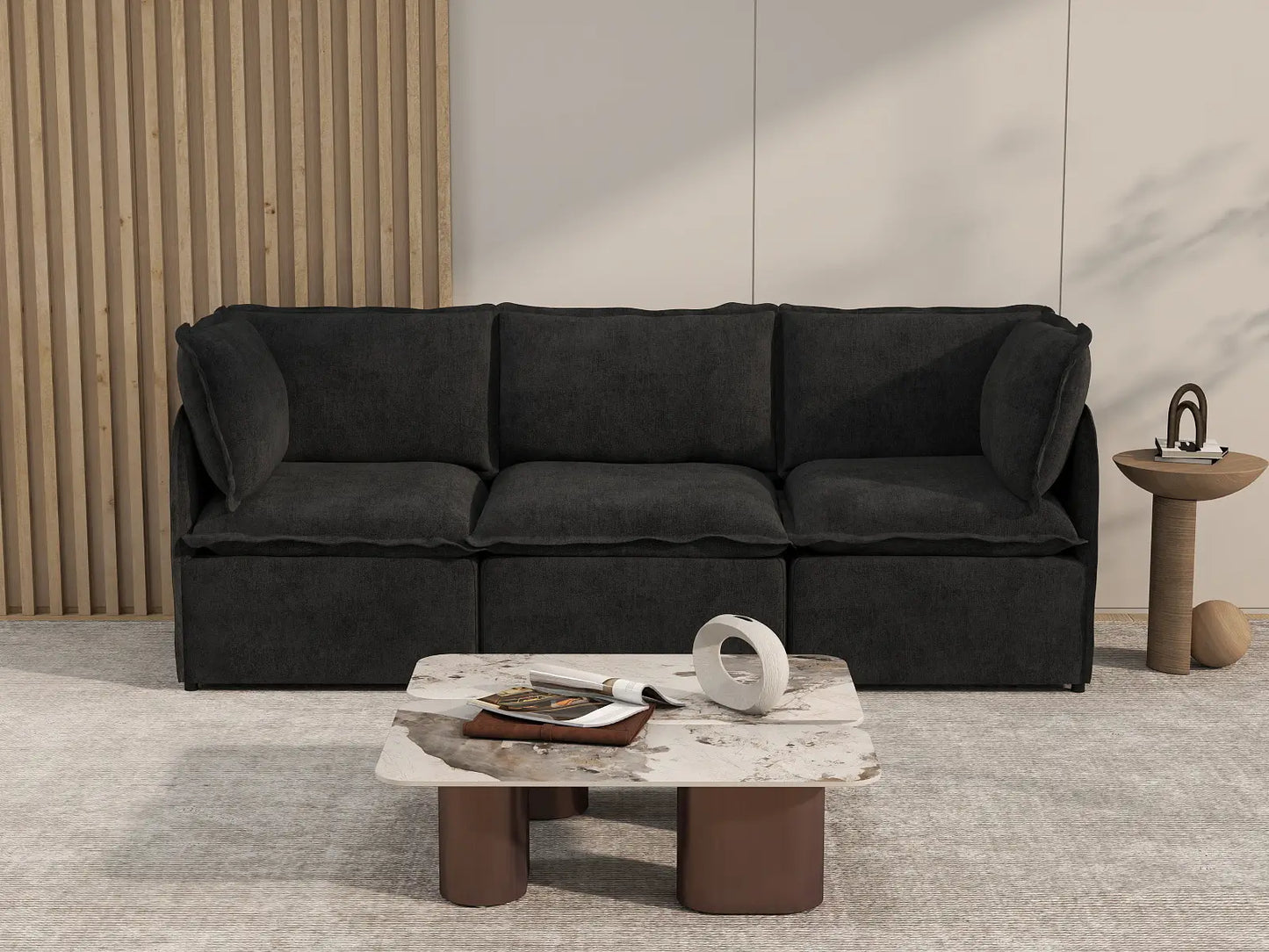 Deluxe Cloud 3-Seater Black Couch Sectional | 3-Piece, Linen Look Poly Fabric, Washable Cushion Covers