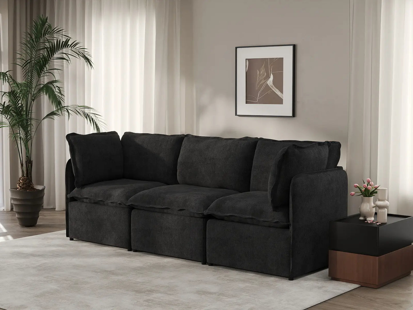 Deluxe Cloud 3-Seater Black Couch Sectional | 3-Piece, Linen Look Poly Fabric, Washable Cushion Covers