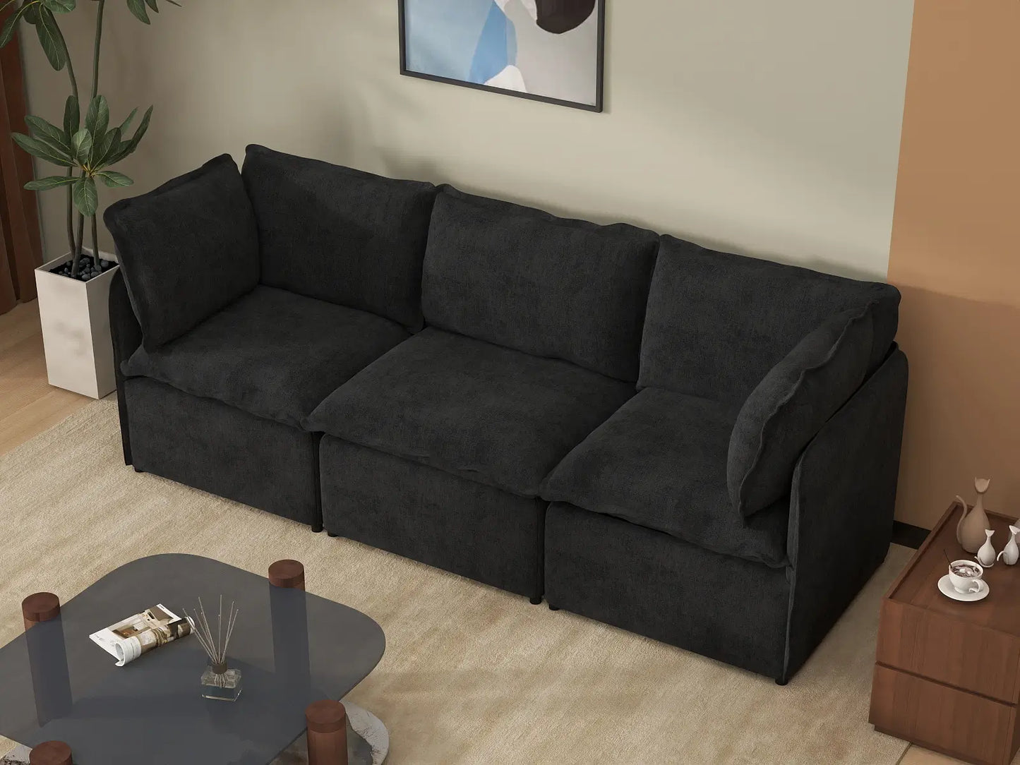 Deluxe Cloud 3-Seater Black Couch Sectional | 3-Piece, Linen Look Poly Fabric, Washable Cushion Covers