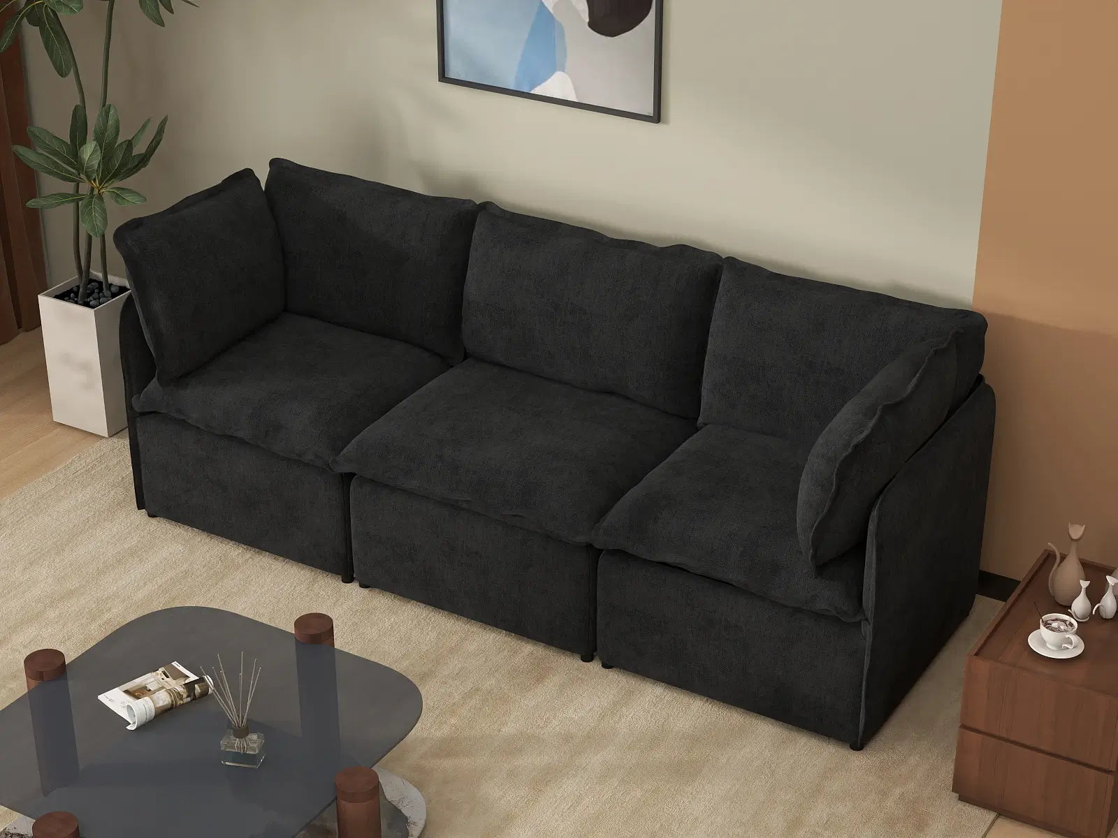 Deluxe Cloud 3-Seater Black Couch Sectional | 3-Piece, Linen Look Poly Fabric, Washable Cushion Covers