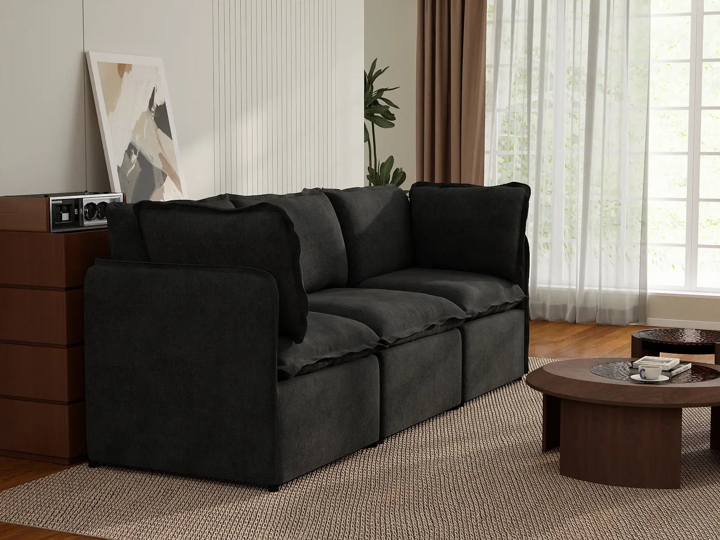 Deluxe Cloud 3-Seater Black Couch Sectional | 3-Piece, Linen Look Poly Fabric, Washable Cushion Covers
