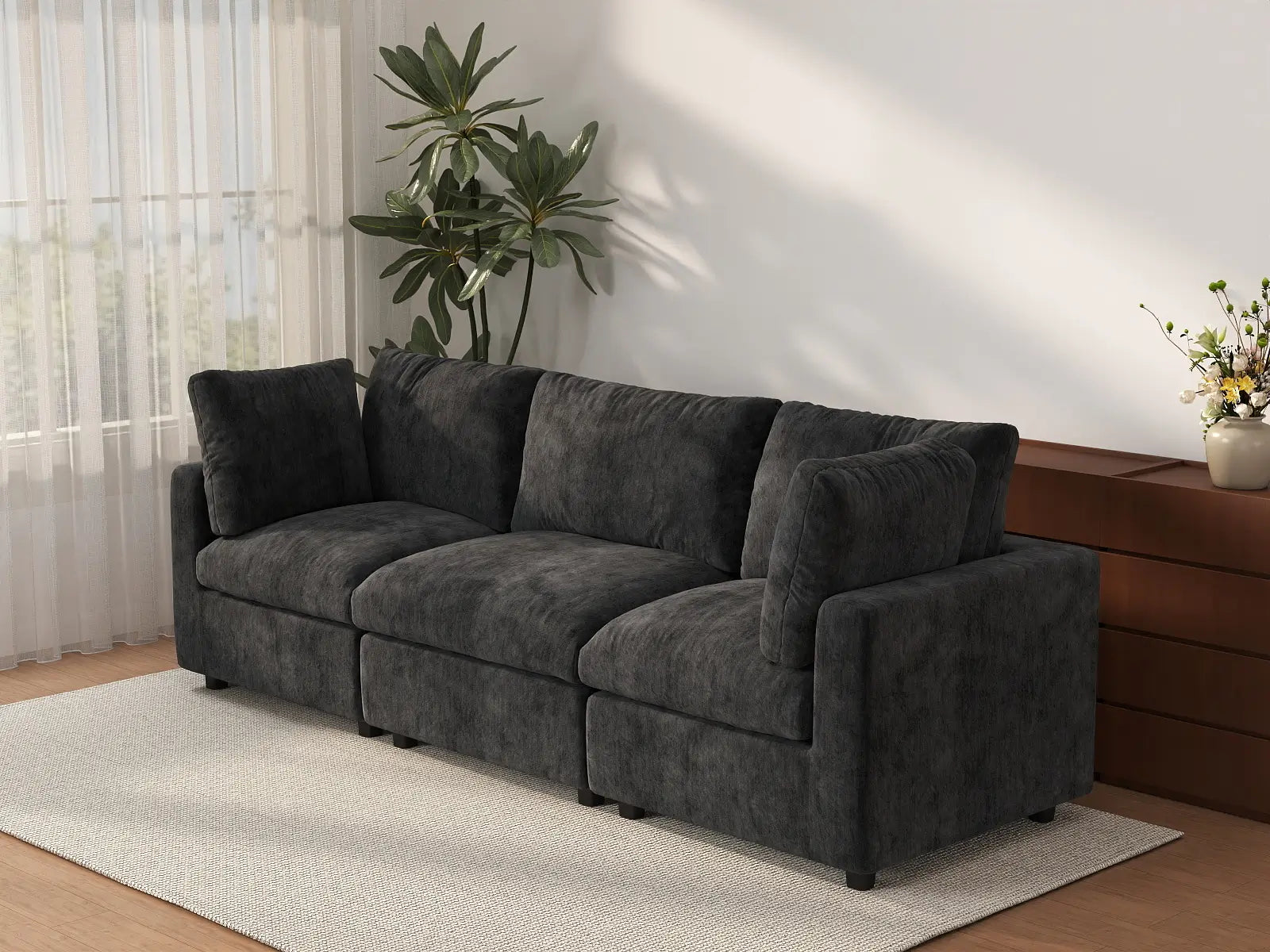 Sofá seccional de 3 plazas Deluxe Cloud negro | 3 piezas, tela de chenilla mezcla de lino, fundas de cojín lavables
