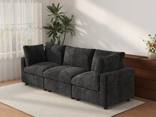 Sofá seccional de 3 plazas Deluxe Cloud negro | 3 piezas, tela de chenilla mezcla de lino, fundas de cojín lavables