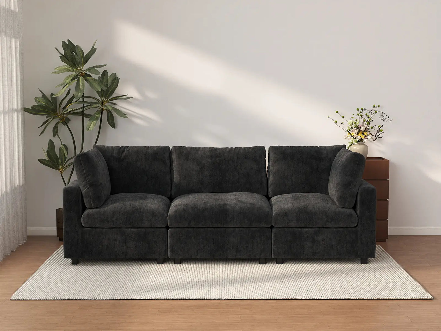 Sofá seccional de 3 plazas Deluxe Cloud negro | 3 piezas, tela de chenilla mezcla de lino, fundas de cojín lavables
