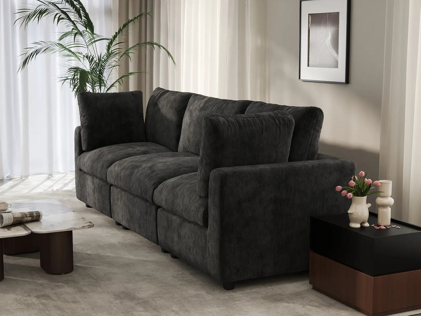 Sofá seccional de 3 plazas Deluxe Cloud negro | 3 piezas, tela de chenilla mezcla de lino, fundas de cojín lavables
