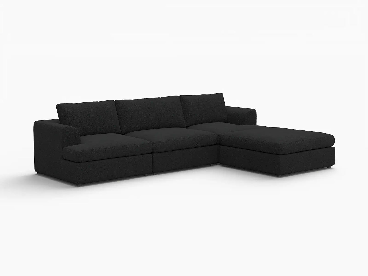 Deluxe Cloud 3-Seater Black L-Shaped Sectional | 4-Piece (Includes 1 Ottoman), Bouclé Sherpa-Like Fabric, Washable Cushion Covers