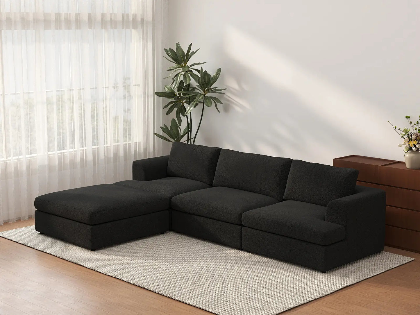 Deluxe Cloud 3-Seater Black L-Shaped Sectional | 4-Piece (Includes 1 Ottoman), Bouclé Sherpa-Like Fabric, Washable Cushion Covers