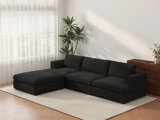 Sofá Seccional en L de 3 Plazas Cloud Deluxe Negro | 4 Piezas (Incluye 1 Otomana), Tela Bouclé Tipo Sherpa, Fundas de Cojín Lavables