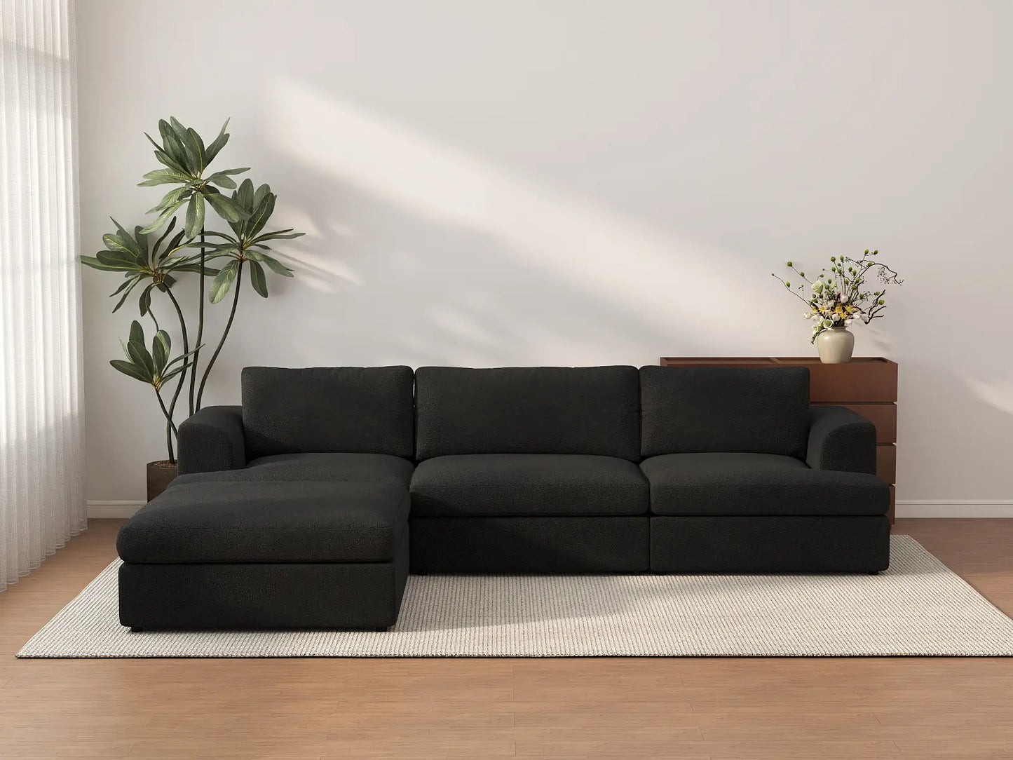 Deluxe Cloud 3-Seater Black L-Shaped Sectional | 4-Piece (Includes 1 Ottoman), Bouclé Sherpa-Like Fabric, Washable Cushion Covers