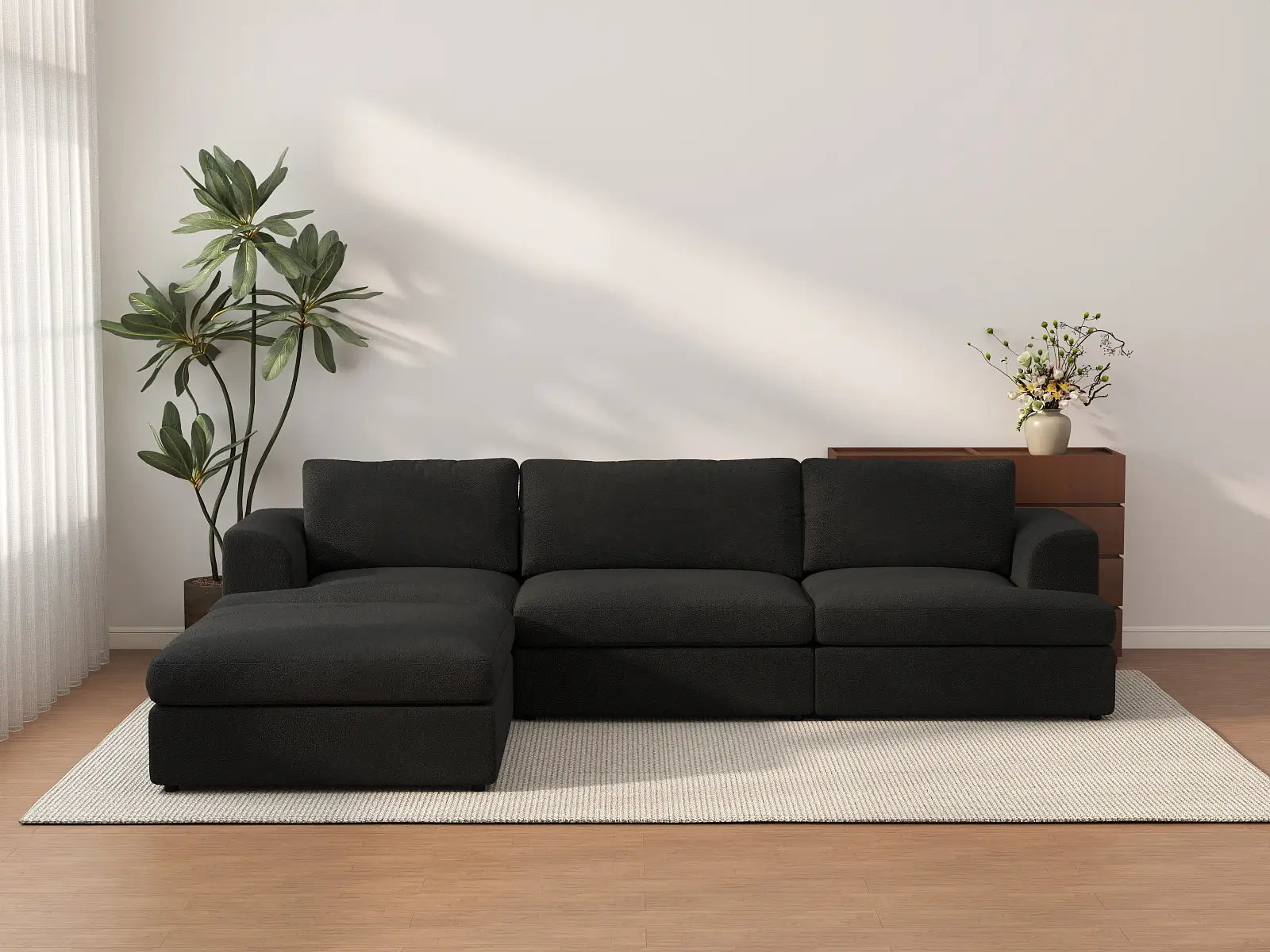Deluxe Cloud 3-Seater Black L-Shaped Sectional | 4-Piece (Includes 1 Ottoman), Bouclé Sherpa-Like Fabric, Washable Cushion Covers