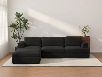 Deluxe Cloud 3-Seater Black L-Shaped Sectional | 4-Piece (Includes 1 Ottoman), Bouclé Sherpa-Like Fabric, Washable Cushion Covers