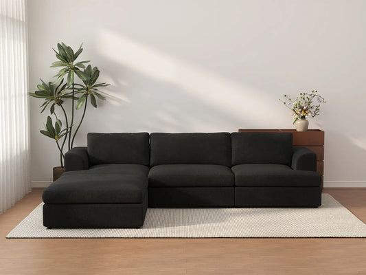 Sofá Seccional en L de 3 Plazas Cloud Deluxe Negro | 4 Piezas (Incluye 1 Otomana), Tela Bouclé Tipo Sherpa, Fundas de Cojín Lavables