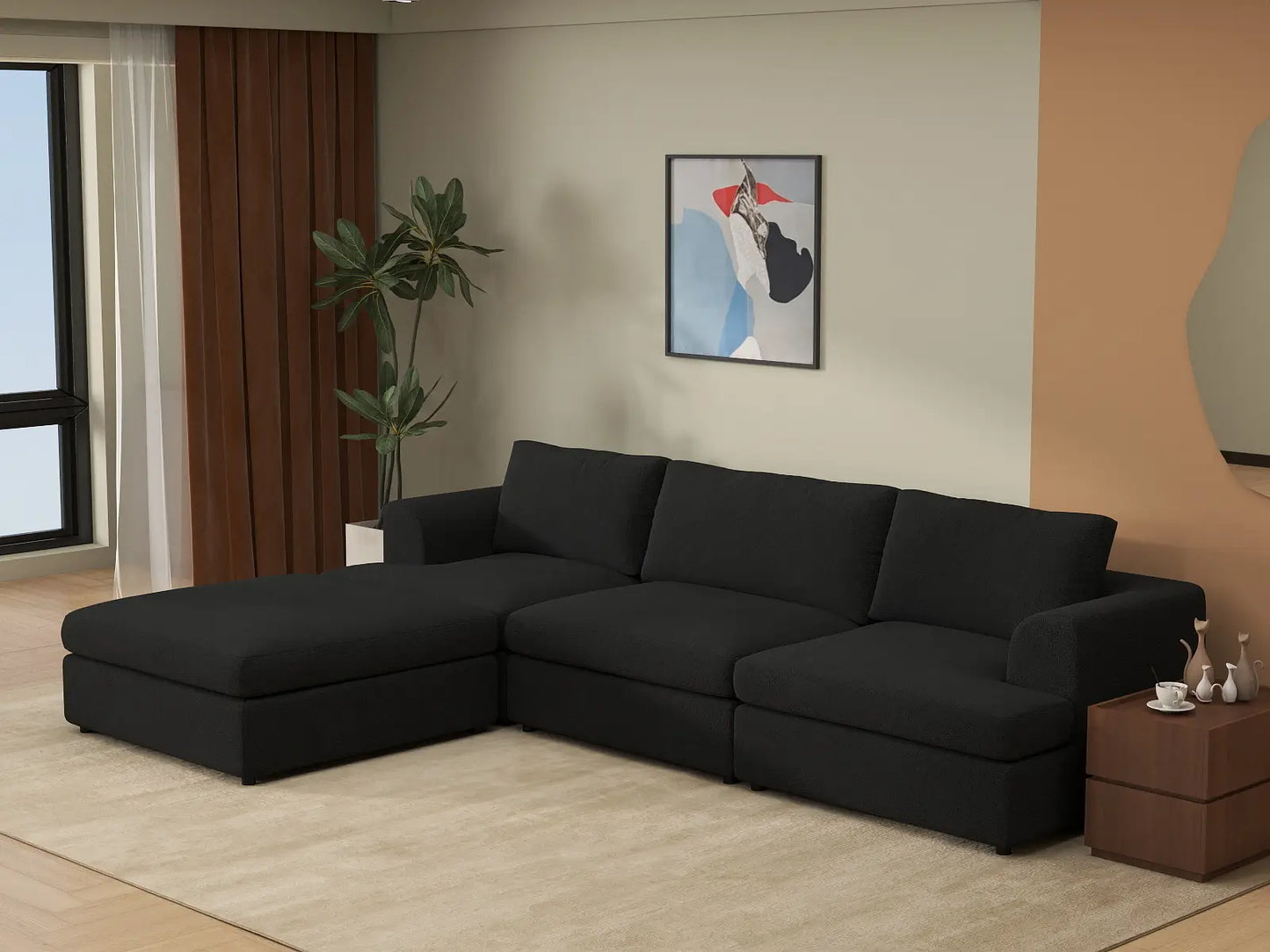 Deluxe Cloud 3-Seater Black L-Shaped Sectional | 4-Piece (Includes 1 Ottoman), Bouclé Sherpa-Like Fabric, Washable Cushion Covers