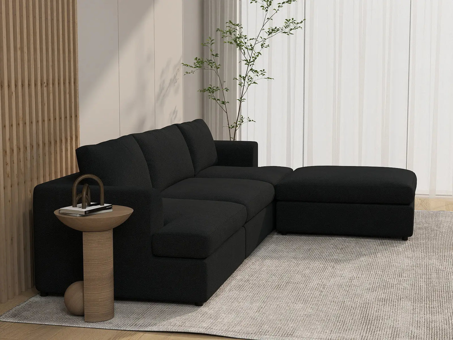 Deluxe Cloud 3-Seater Black L-Shaped Sectional | 4-Piece (Includes 1 Ottoman), Bouclé Sherpa-Like Fabric, Washable Cushion Covers