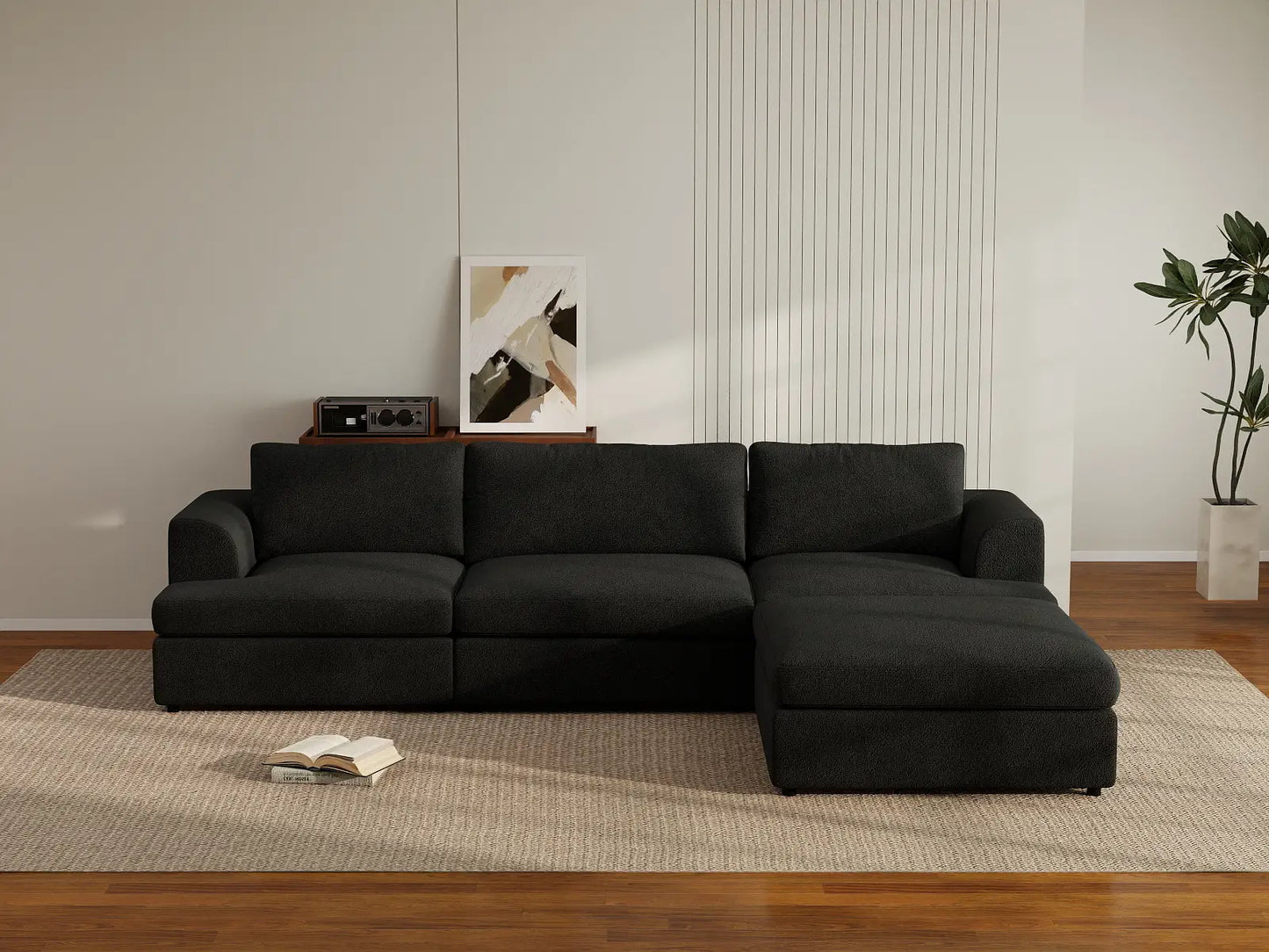Deluxe Cloud 3-Seater Black L-Shaped Sectional | 4-Piece (Includes 1 Ottoman), Bouclé Sherpa-Like Fabric, Washable Cushion Covers