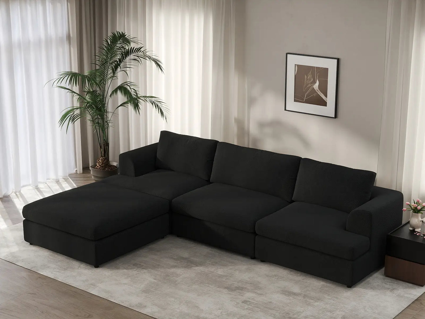Deluxe Cloud 3-Seater Black L-Shaped Sectional | 4-Piece (Includes 1 Ottoman), Bouclé Sherpa-Like Fabric, Washable Cushion Covers