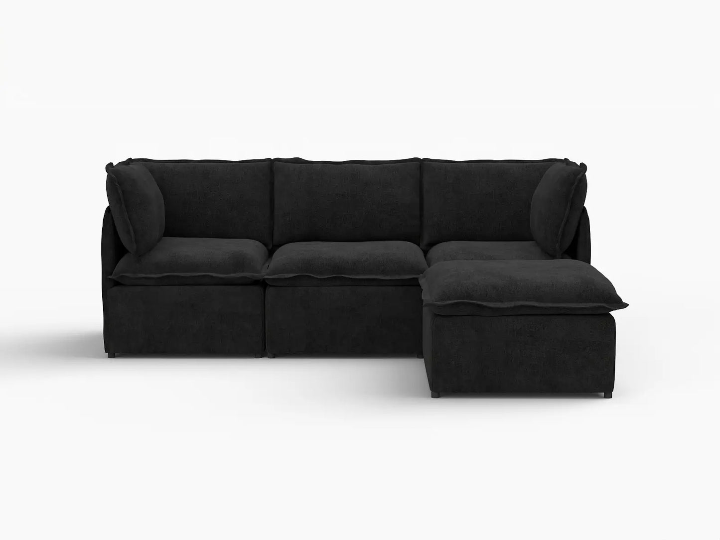 Deluxe Cloud 3-Seater Black L-Shaped Sectional | 4-Piece (Includes 1 Ottoman), Linen Look Poly Fabric, Washable Cushion Covers